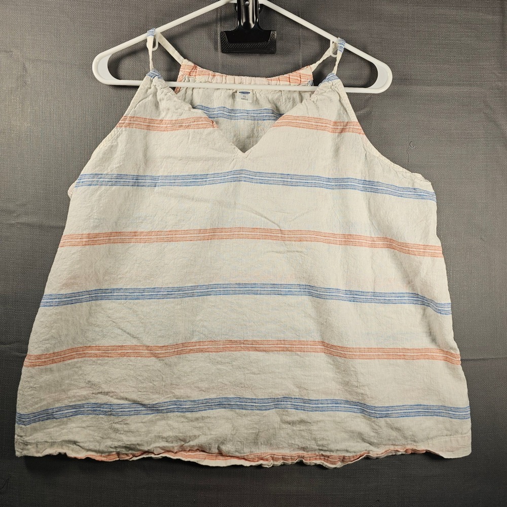 Old Navy Womens XL Linen Blend Striped Tank Top Red‎ Blue V-Neck 223538-02